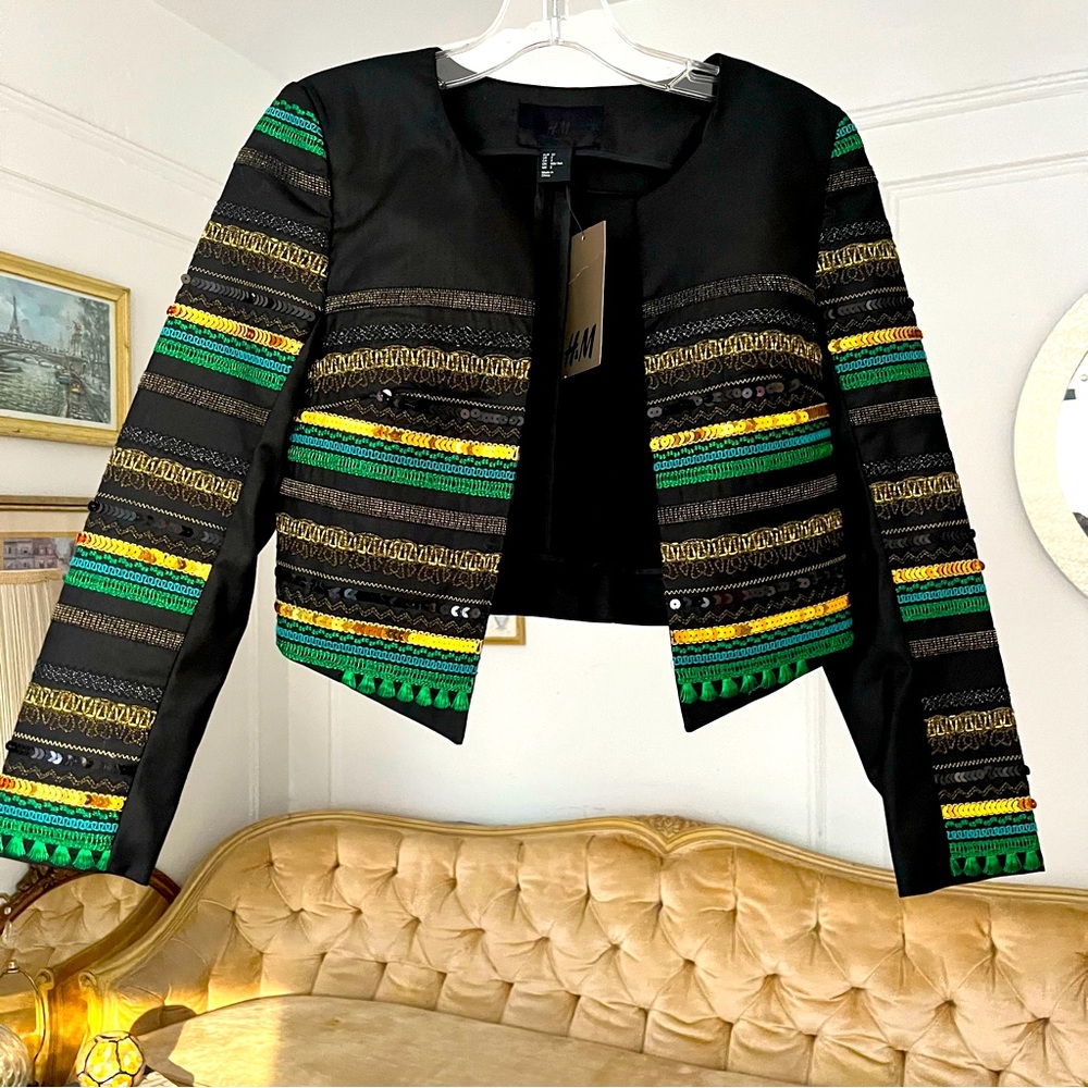 H&M Womens Cropped Open Blazer Long Sleeve Sequined Black Green Gold Size 2 NWT